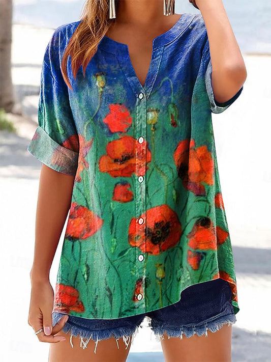 Women's Bohemian Floral Art Print Casual Cotton And Linen Shirt