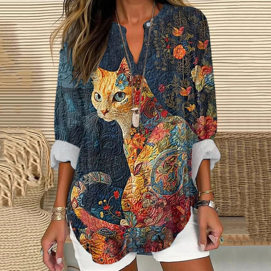 Comstylish Women's Animal Cat Print Casual Loose V-Neck Long Sleeve Shirt