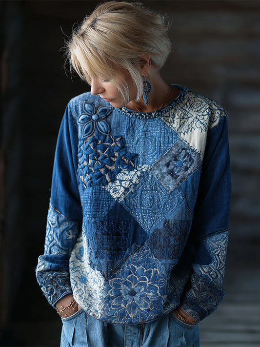 Floral Geometric Thread Embroidery Vintage Women's Linen Long Sleeve Shirt elevenforest