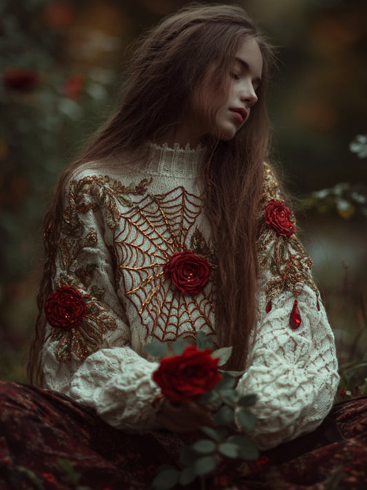 Women Halloween Spider Silk Roses Make Old Round Neck Sweaters elevenforest