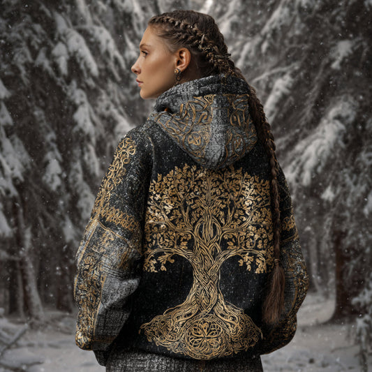 Comstylish Viking Style Gilded Tree Of Life Celtic Knot Knitted Dark Hoodie Sweater