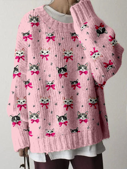 Cute Christmas Cat Pattern Cozy Knit Sweater elevenforest