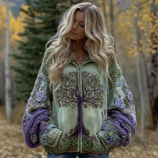 Women's Viking Tree Of Life Celtic Knot Knit Zipper Cardigan Sweater elevenforest