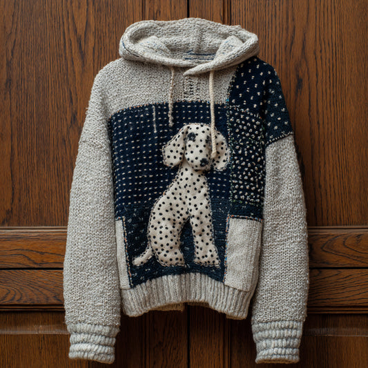 Vintage Geometric Patchwork Spotted Dog Hooded Sweater elevenforest