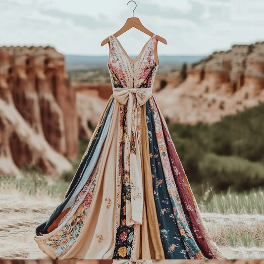 Women's Vintage Floral Patchwork Art Linen Tank Midi Dress elevenforest