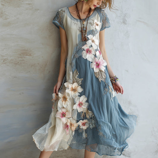 Women's Vintage Cherry Blossom Pattern Round Neck Dress elevenforest