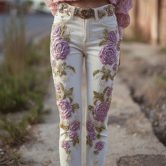 Vintage Purple Roses Embroidered White Skinny Jeans elevenforest
