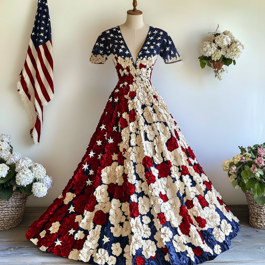 Women's Independence Day Flag And Floral Print Short Sleeve Dress elevenforest