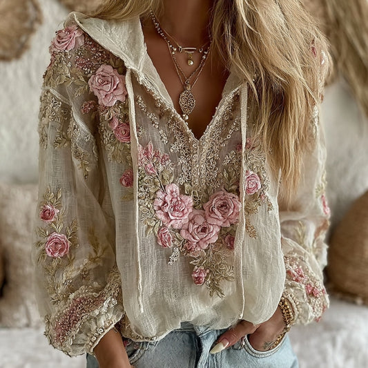 Women's Vintage Rose Floral Embroidery Warm V-neck Hoodie elevenforest