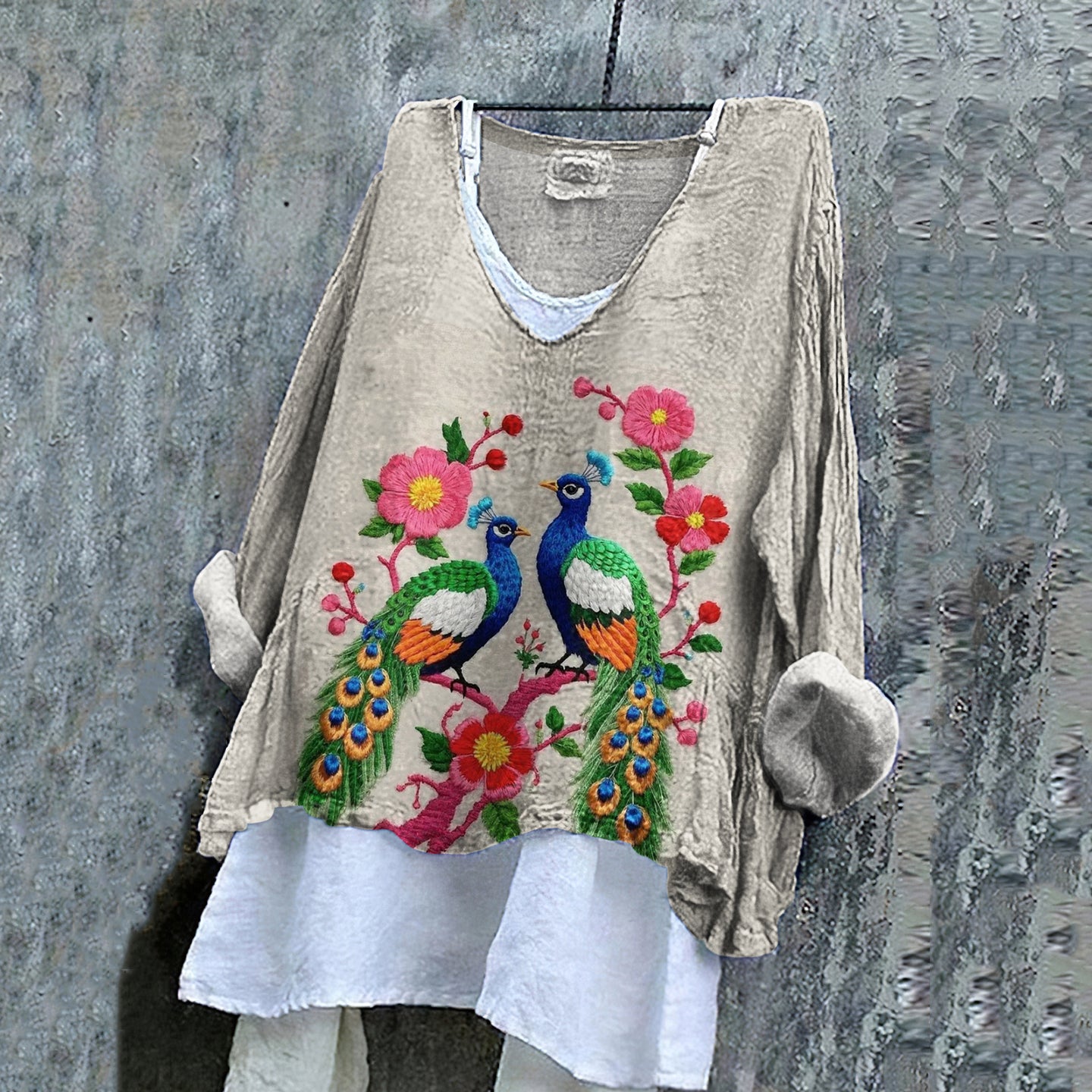 Women's Vintage Peacock Floral Embroidery Art  Loose V-neck Shirt elevenforest