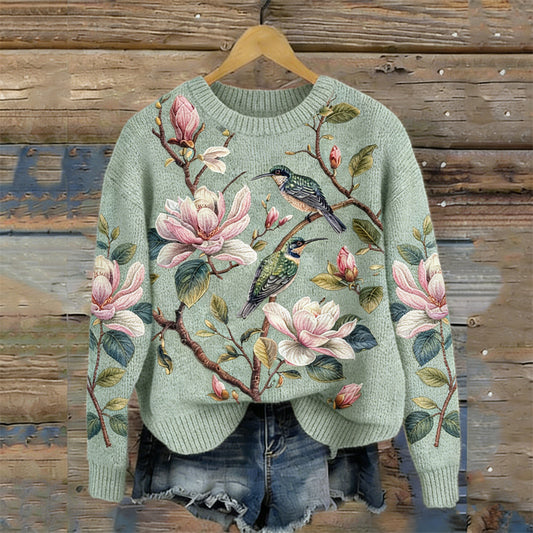 Humming Birds & Flowers Cozy Knit Sweater elevenforest