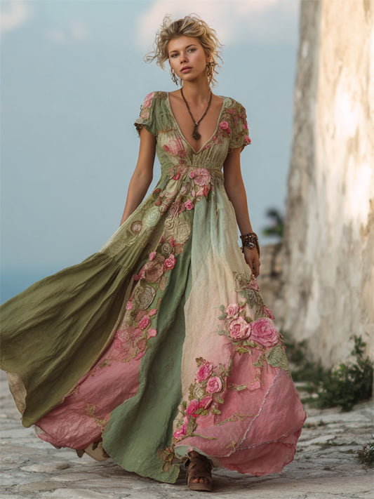 Vintage Pink Roses Gradient Patchwork Flowy Linen Maxi Dress elevenforest