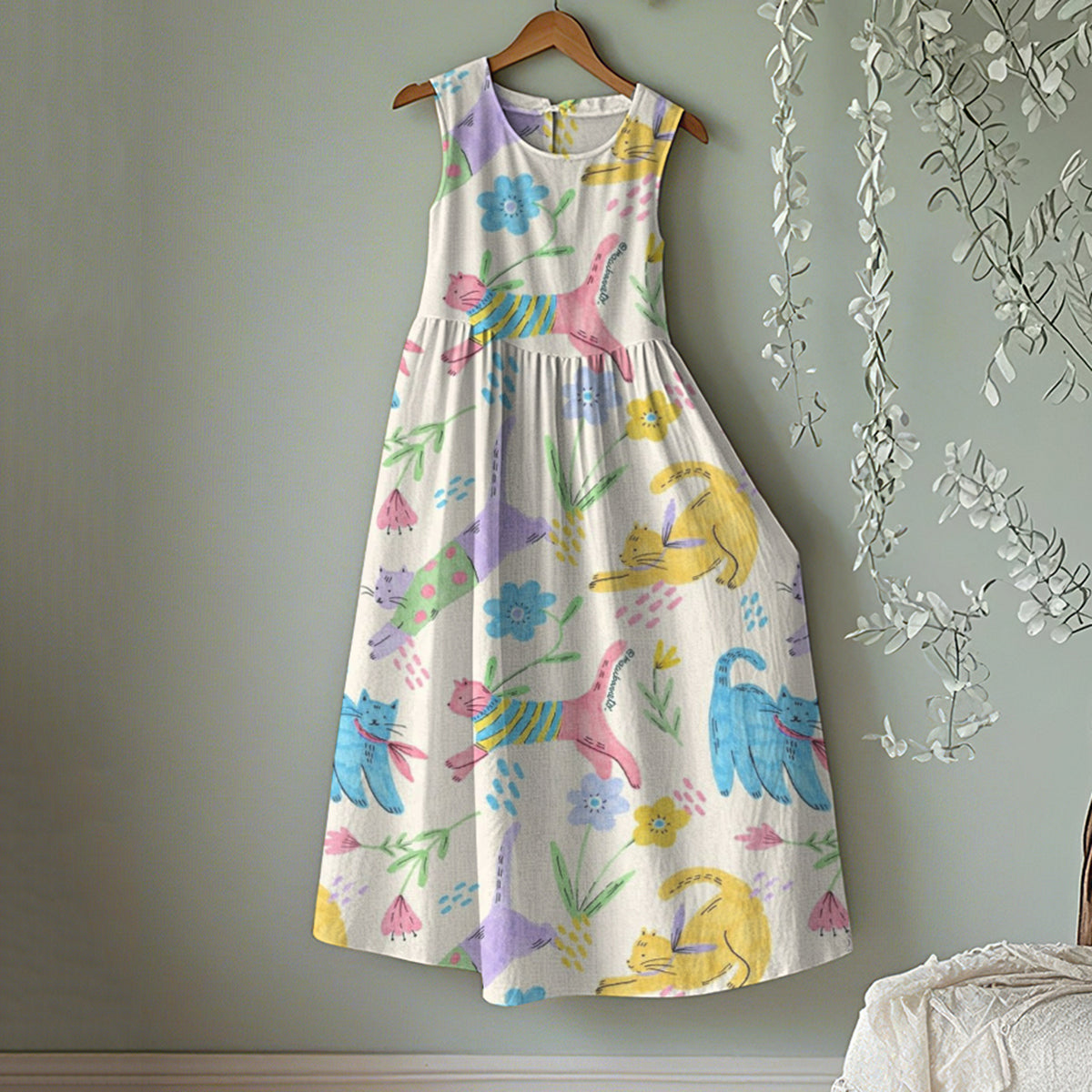 Vintage Cute Cat Floral Art Linen Tank Midi Dress elevenforest