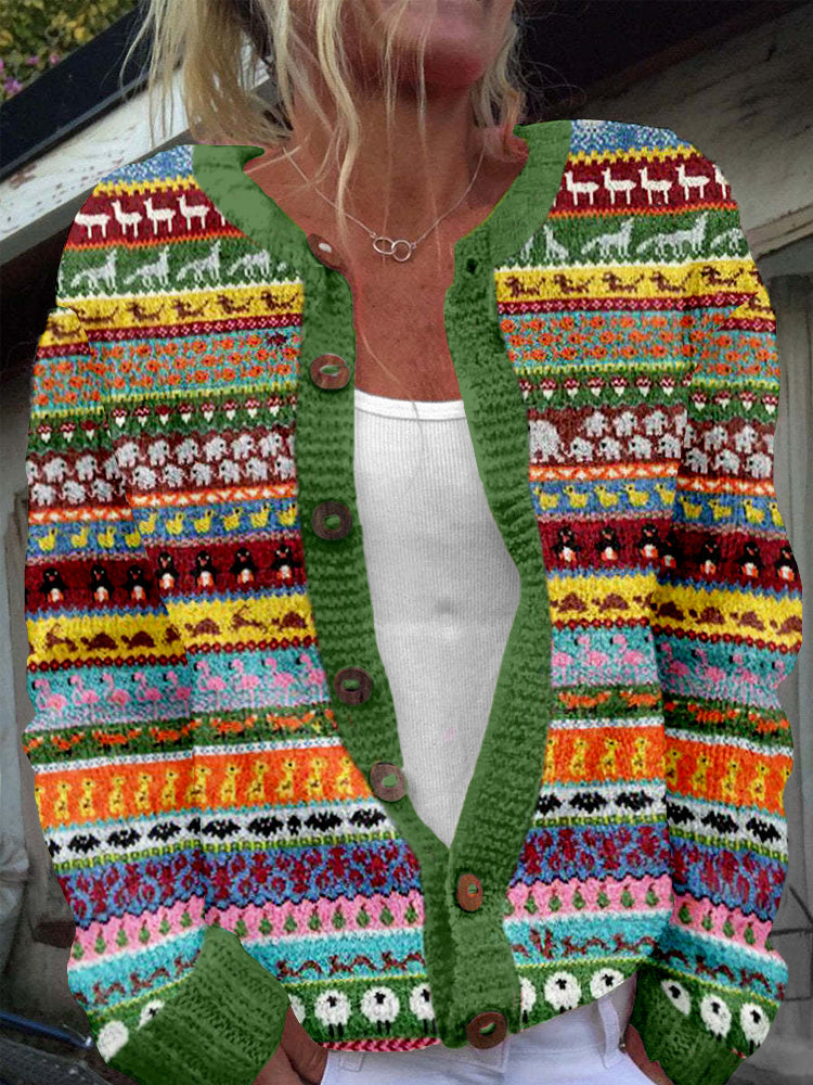 Wool Cardigan with Multicolor Fair Isle and Button Front