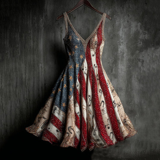 Vintage Sequin Music Notes And Flag Art Midi Dress elevenforest