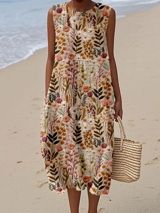 Wildflower Meadow Floral Embroidery Art Linen Tank Dress elevenforest