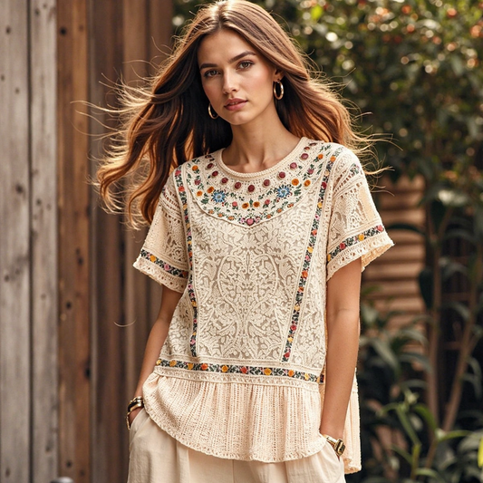 Women's Bohemian Floral Art Linen Short Sleeve T-shirt