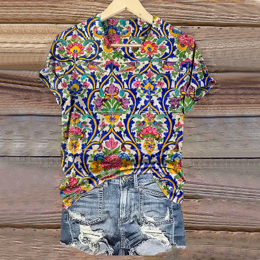 Women's Vintage Ethnic Floral Art Print V-neck Casual T-Shirt