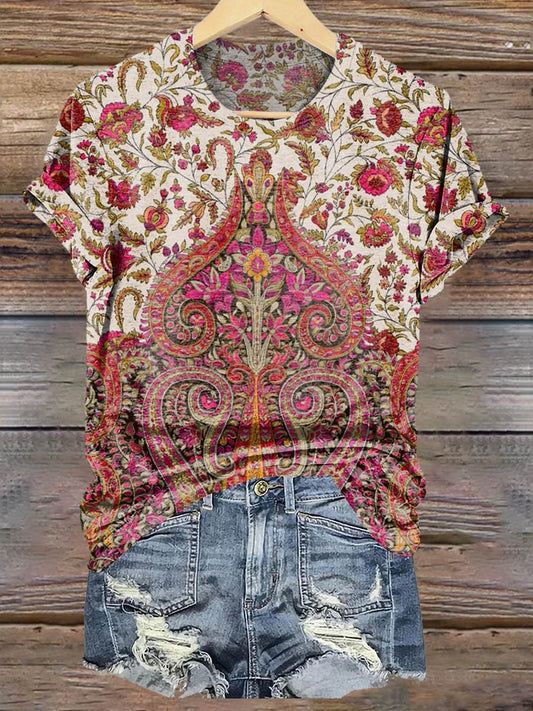 Women's Art Floral Hippie Print Crew Neck T-Shirt