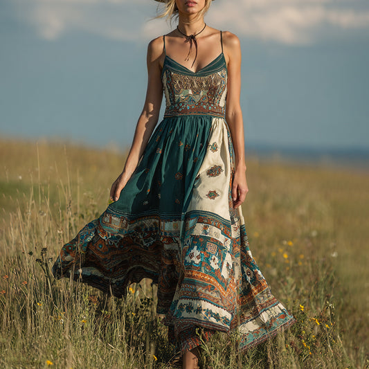 Vintage Bohemian Western Print V-neck Suspender Maxi Dress elevenforest