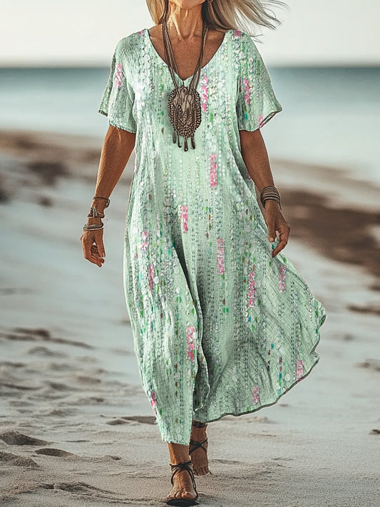 Women's Floral Textured Art Print Short Sleeve Pocket Cotton Dress