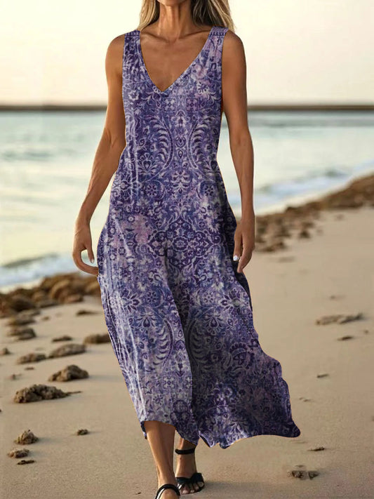 Women's Vintage Bohemian Floral Art Print Pocket Cotton Dress