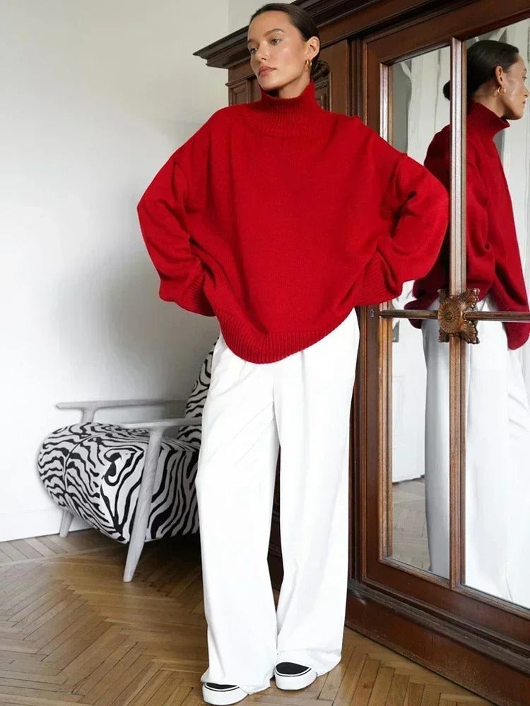 Cotton Oversized Turtleneck Sweater with Dropped Shoulders in Chocolate Brown