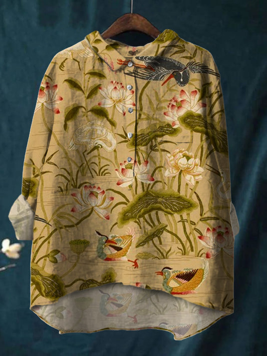 Colorful Watercolor Lotus  Print Cotton And Linen Shirt