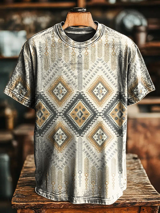 Ethnic Style Stripes Geometry Rhombus Vintage Art Print Casual T-shirt