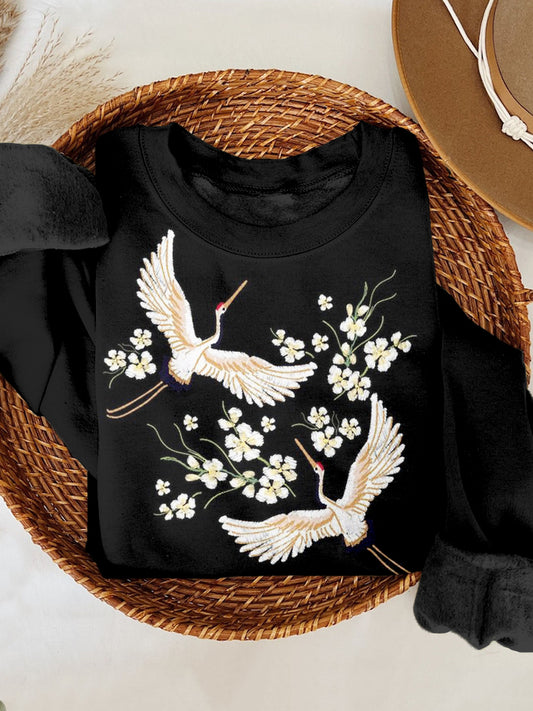 Japanese Flowesr & Cranes Embroidery Art Comfy Sweatshirt elevenforest