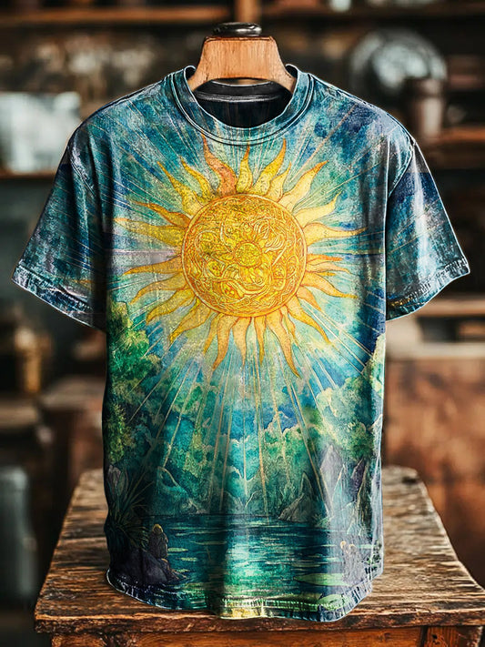 Retro Sun Abstract Green Forest Vintage Art Print Casual T-shirt For M