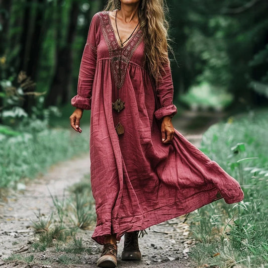 Women's Vintage Bohemian V-neck Linen Blend Ethnic Midi Dress elevenforest