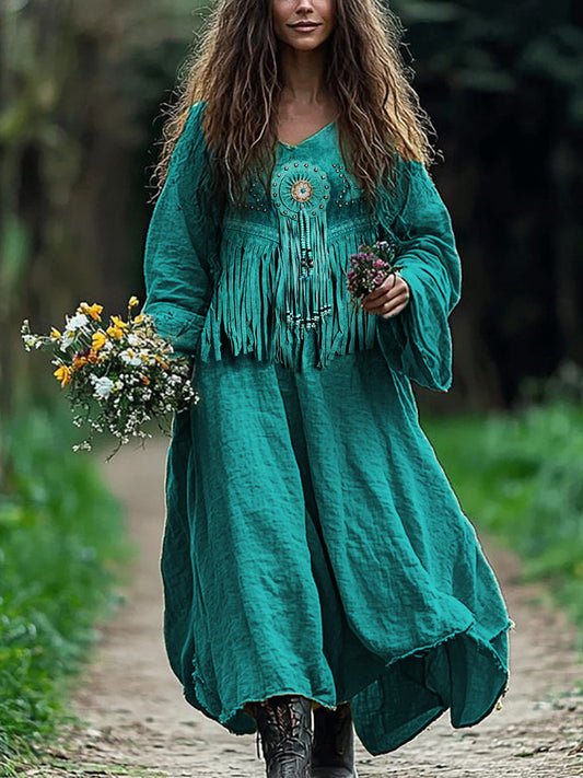Western Turquoise Beaded Tassels Flowy Linen Blend Maxi Dress elevenforest
