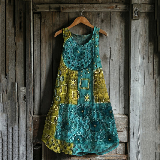 Abstract Creative  Patchwork Art Linen Blend Tank Dress elevenforest