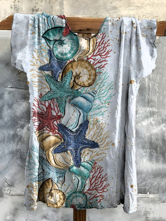 Starfish Conch Art Print Cotton Crew Neck T-Shirt