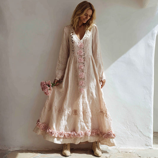 Women's Pink Rose Patchwork Lace Linen V-neck Dress elevenforest