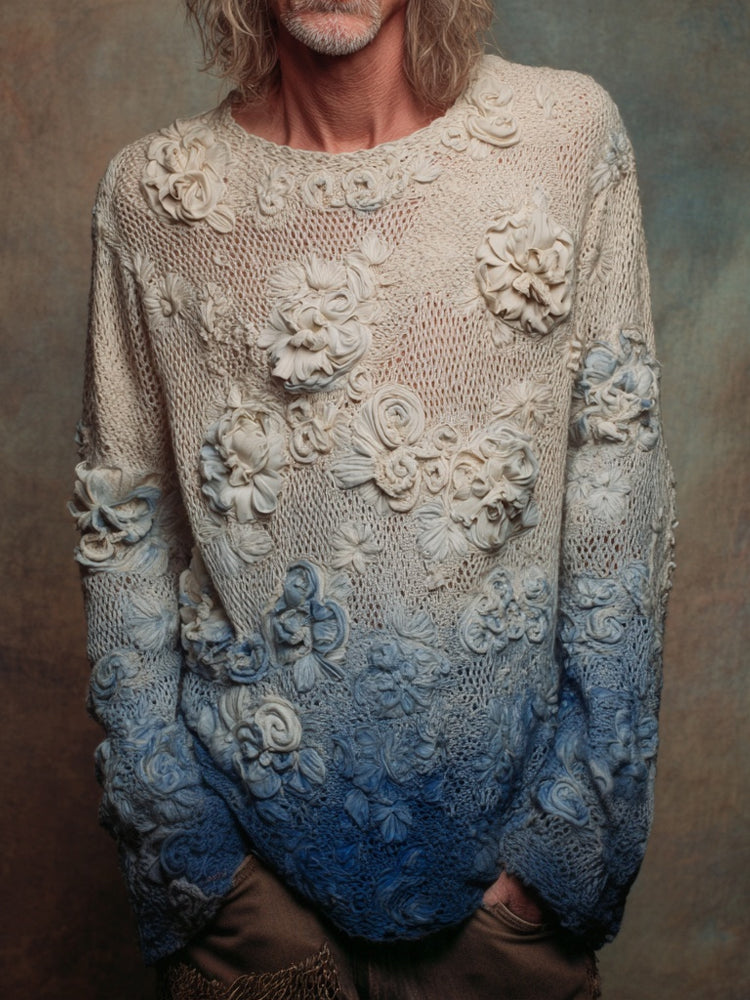 Men's Vintage Floral Crochet Embroidered Gradient Cozy Sweater elevenforest