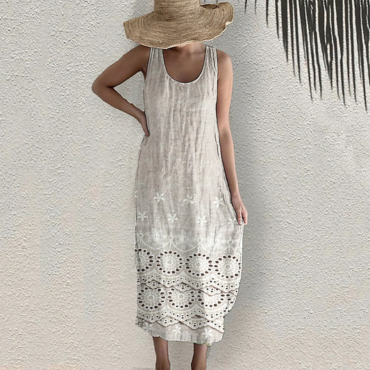 Vintage Floral Embroidered Lace Art Pattern Linen Tank Dress elevenforest