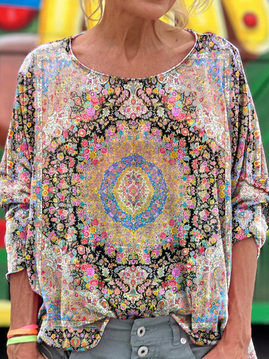 Women's Vintage Flower Pattern Art Print Casual Long Sleeve T-shirt