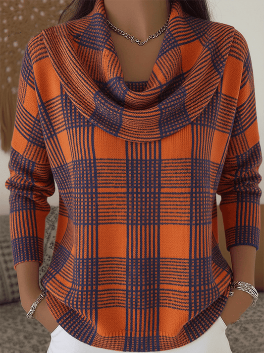 Women'S Casual Plaid Sweater With Special Collar 