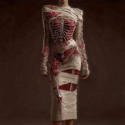 Comstylish Classy Skeleton Anatomy Bloody Roses Bandages Maxi Sweater Dress