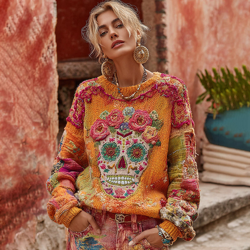Women's Classic Mexican Sugar Skeleton Catrina Day Of The Dead Inspired Painting Embroidered Art Cozy Knitted Sweater elevenforest