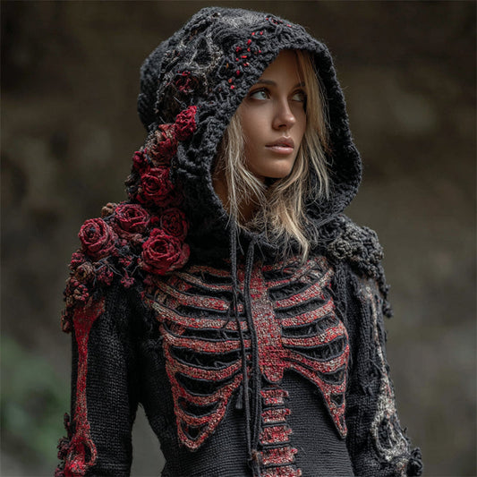 Comstylish Vintage Bloody Red Roses Skeleton Crochet Cozy Knit Hooded Sweater
