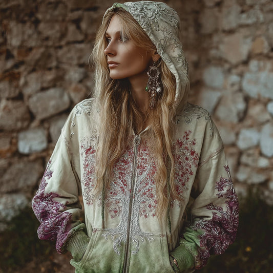 Viking Style Flowering Tree Bead String Tie Dye Cardigan Hoodie