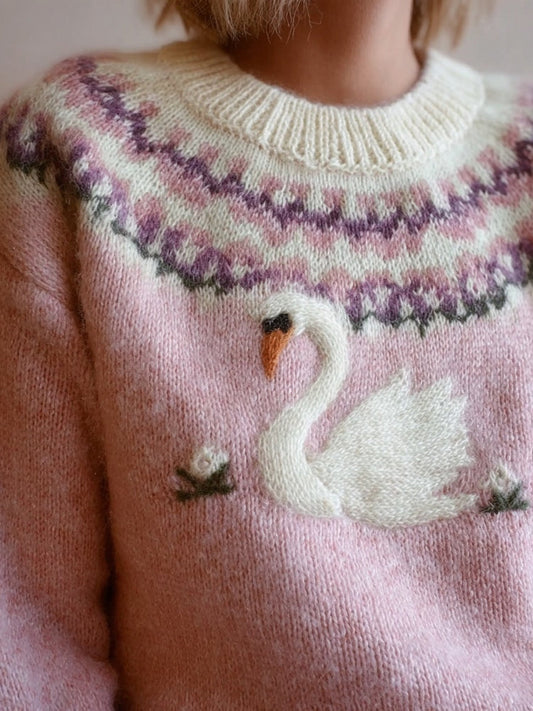 Comstylish Vintage Swan & Flower Pattern Cozy Knit Isle Sweater