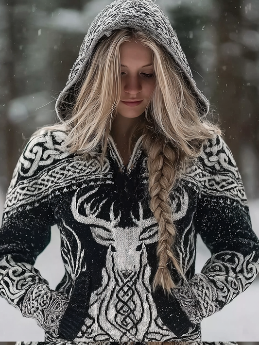 Vintage Viking Celtic Style Deer Pattern Women's Hooded Sweater elevenforest
