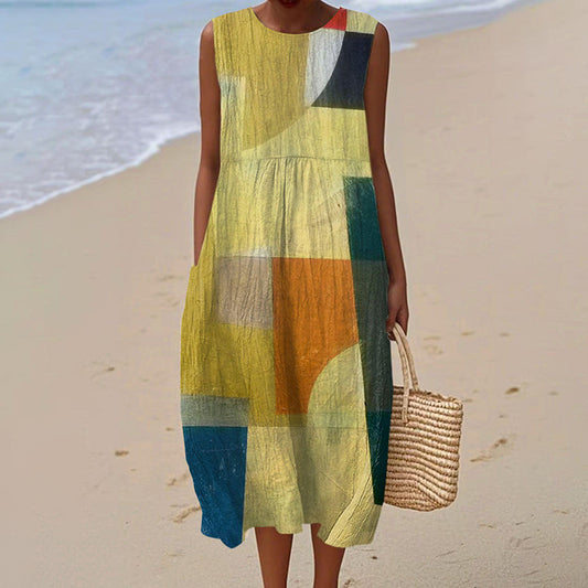 Women's Retro Abstract Geometric Art Print Sleeveless Dress elevenforest