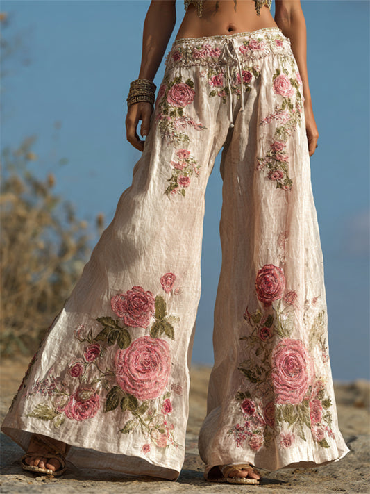 Boho Pink Roses Embroidered Flowy Wide Leg Linen Pants elevenforest