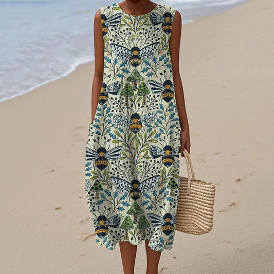 Women's Vintage Bee Floral Art Print Linen Tank Dress elevenforest