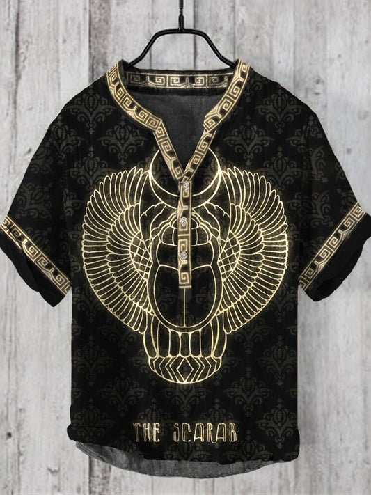 Vintage Egyptian Scarab Print Men's Casual V-neck Shirt elevenforest